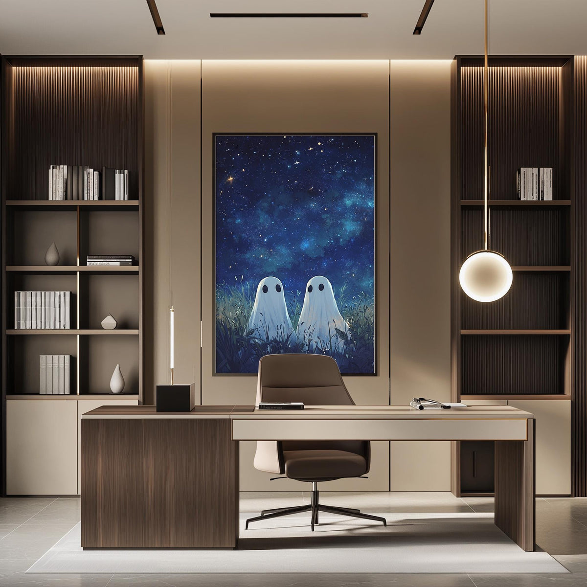 a modern office space with a large framed artwork of two ghostly figures gazing at the night sky on the wall. The office features a wooden desk, a comfortable-looking chair, and a bookshelf filled with books. The overall design and decor create a sophisticated and stylish atmosphere.