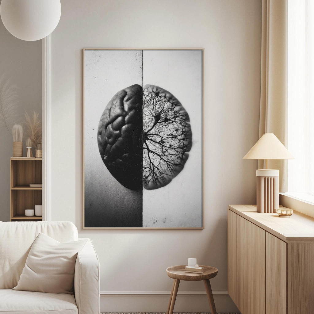 a living room with a white sofa, a wooden side table, and a framed artwork featuring a black and white image of a brain with a tree-like pattern on the left side.