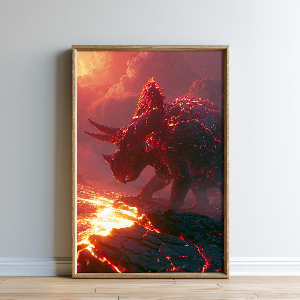 A framed image depicting a fiery, red-tinted dinosaur-like creature with horns and sharp teeth emerging from a fiery landscape.