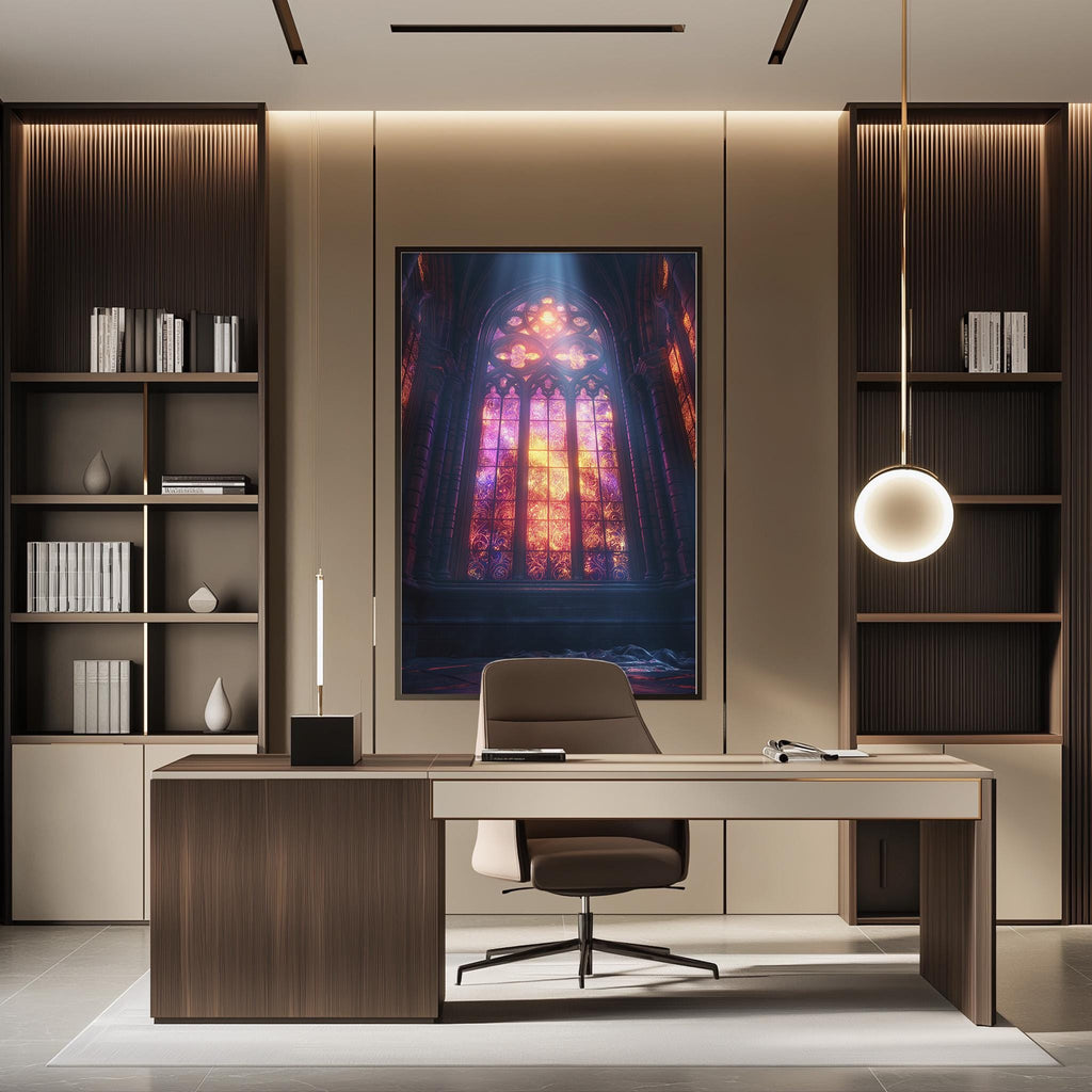 a modern and stylish office space with a large window that allows natural light to flood the room. The office features a wooden desk with a comfortable chair, and a large framed artwork depicting a stained glass window. The room is well-lit, with a pendant light hanging above the desk and a bookshelf filled with books and decorative items.