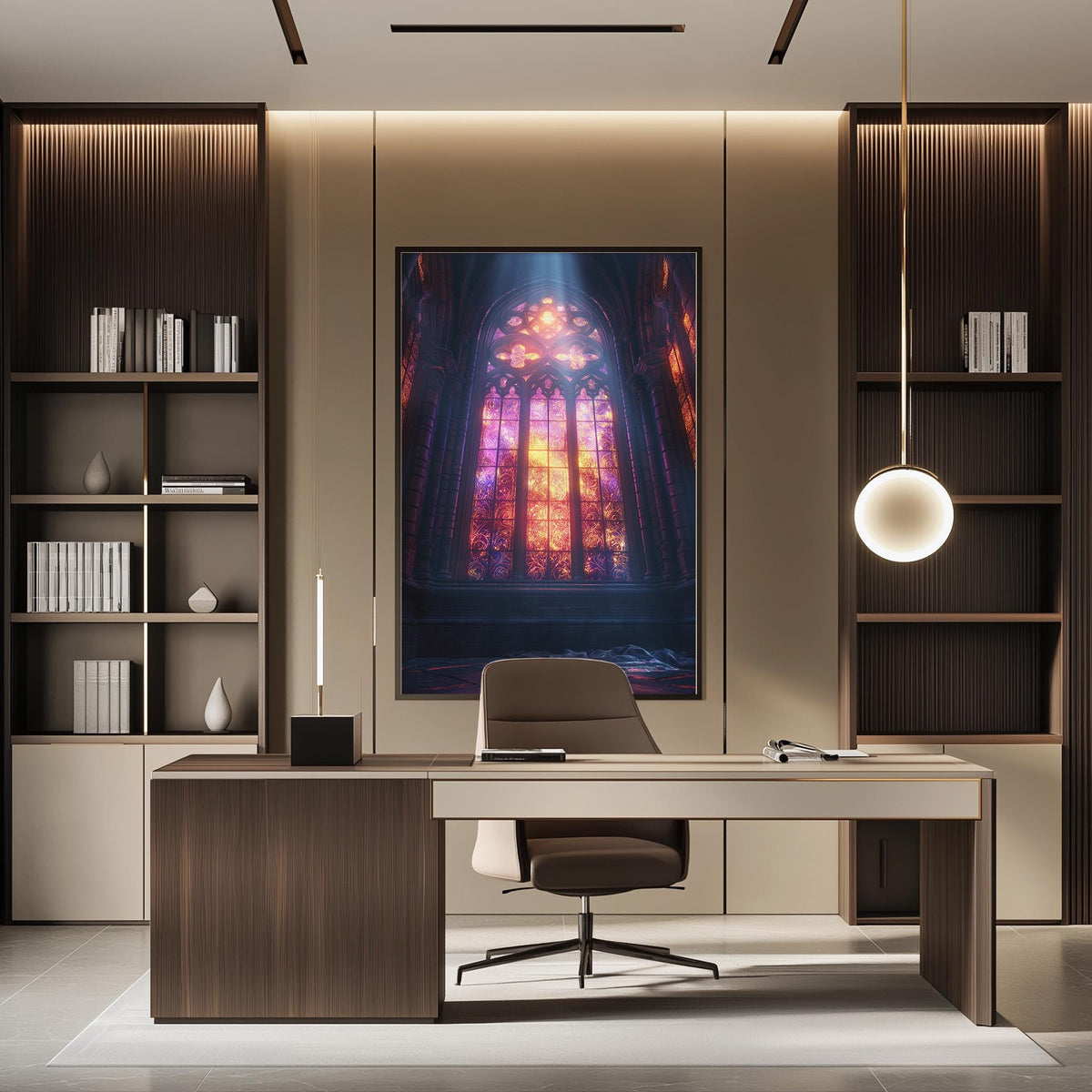 a modern and stylish office space with a large window that allows natural light to flood the room. The office features a wooden desk with a comfortable chair, and a large framed artwork depicting a stained glass window. The room is well-lit, with a pendant light hanging above the desk and a bookshelf filled with books and decorative items.