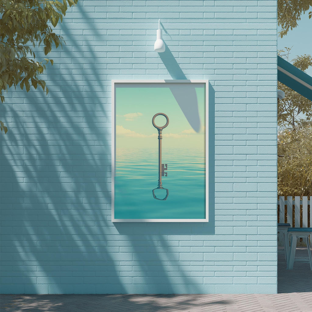 a blue brick wall with a framed picture of a key hanging on it.