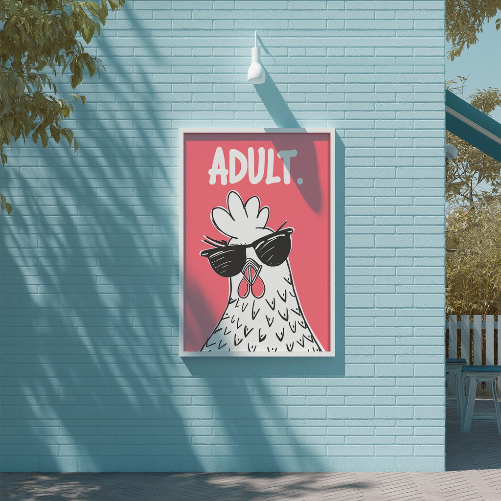 A poster with a cartoon chicken wearing sunglasses is displayed on a blue brick wall.