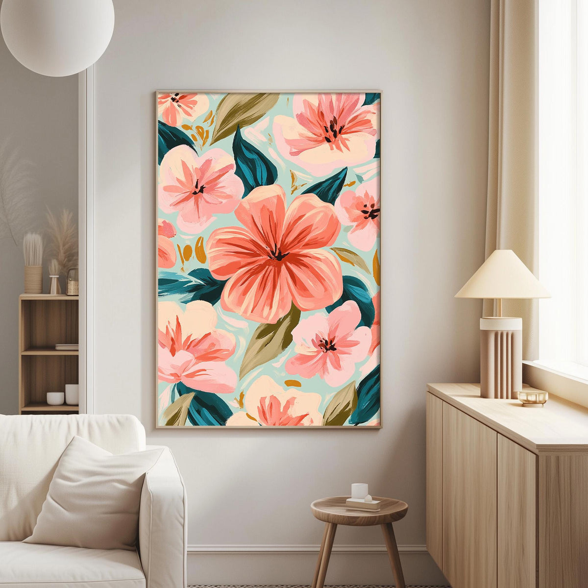 a large floral print hanging on a wall in a living room, with a white sofa and a wooden side table nearby.