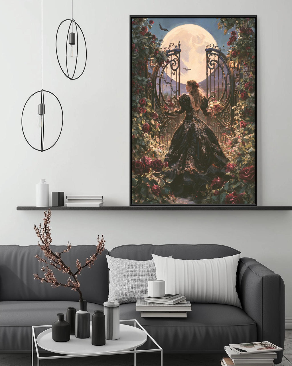 a large, ornate painting of a woman in a black dress standing in a garden, with a full moon and a gate in the background. The painting is displayed on a wall above a gray couch, which has a coffee table in front of it. The room also includes a shelf with decorative items and a potted plant.