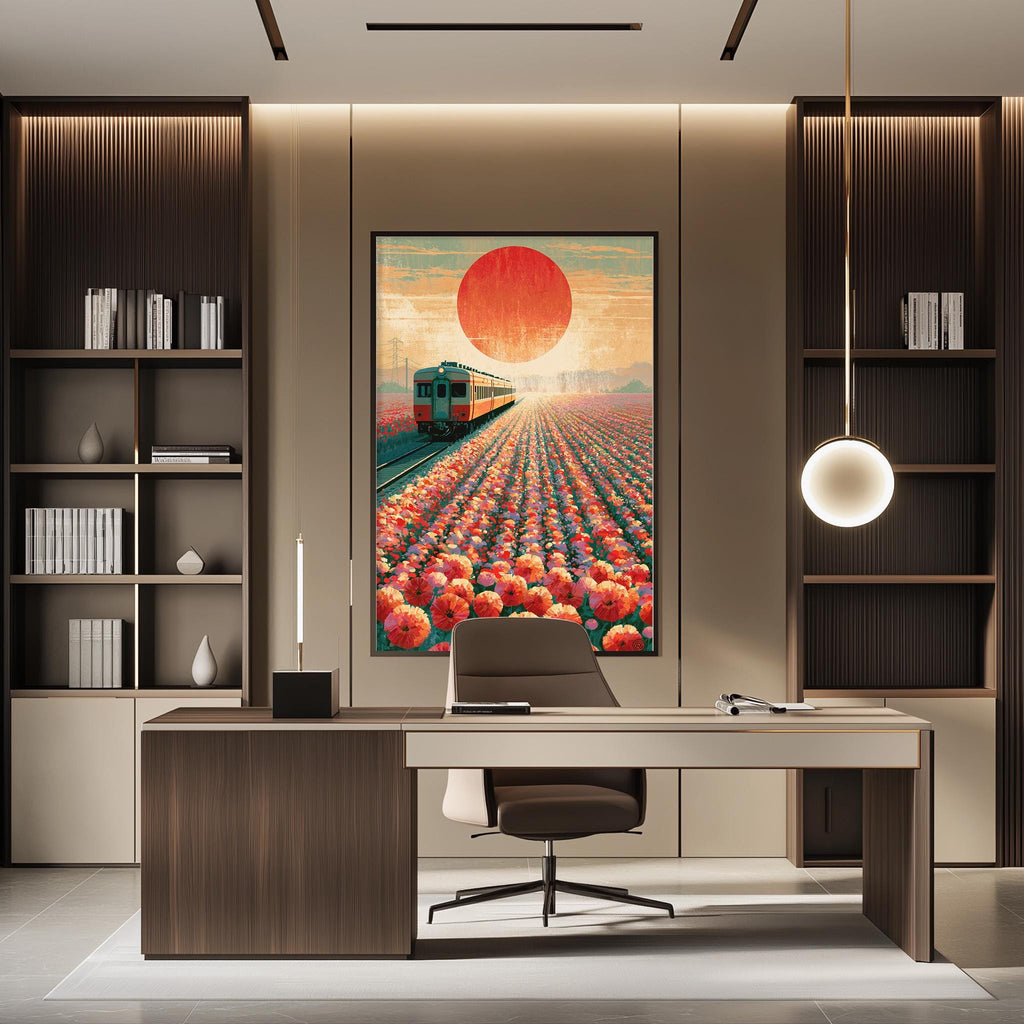 a modern office space with a large painting of a train on a track surrounded by a field of flowers hanging on the wall. The painting is positioned above a desk with a chair in front of it. The office has a minimalist design with wooden shelves and a large window providing natural light.