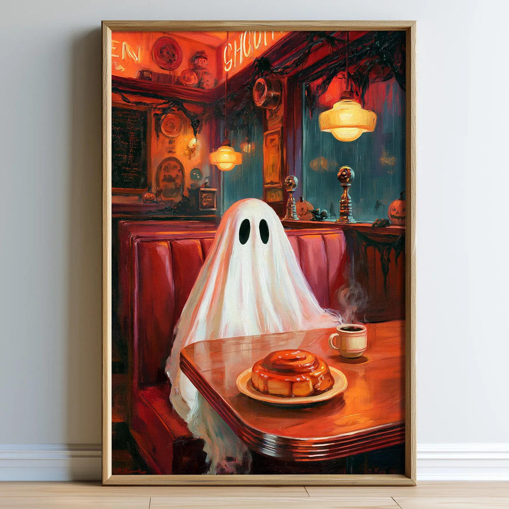 a ghost sitting at a table in a restaurant, with a plate of food and a cup of coffee in front of it.