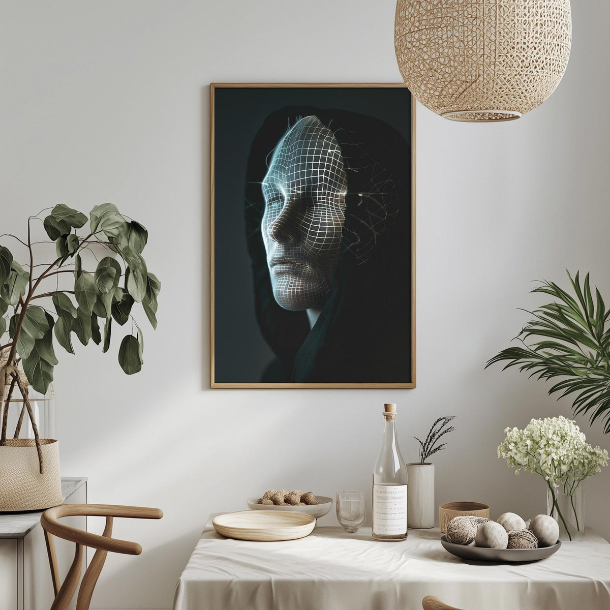 a framed artwork of a person's face with a wire mesh overlay, hanging on a wall above a dining table with various decorative items and plants.