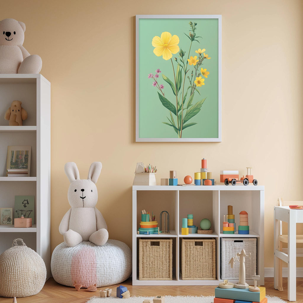 A cozy children's room with a white bookshelf, a plush rabbit, and a colorful toy box filled with toys. A framed picture of a flower is hanging on the wall above the bookshelf.