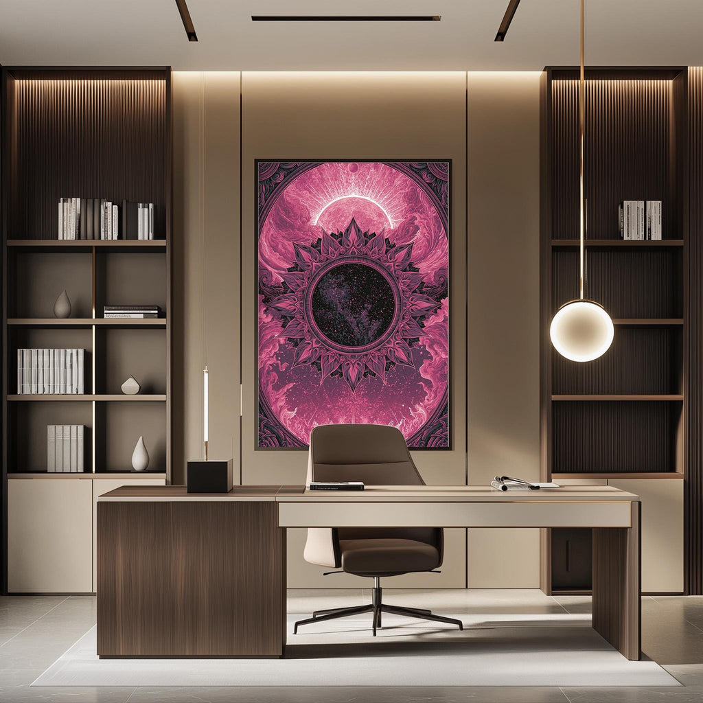a modern and stylish office space with a large, vibrant, abstract painting on the wall behind a desk. The desk is positioned in front of the painting, creating a focal point in the room. The office also features built-in bookshelves and a hanging light fixture, contributing to the overall contemporary design.