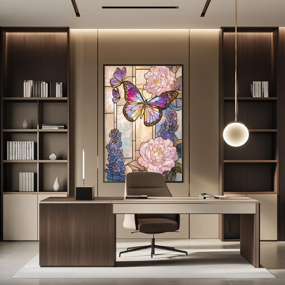 a modern and stylish office space with a large, colorful butterfly painting on the wall behind a desk.