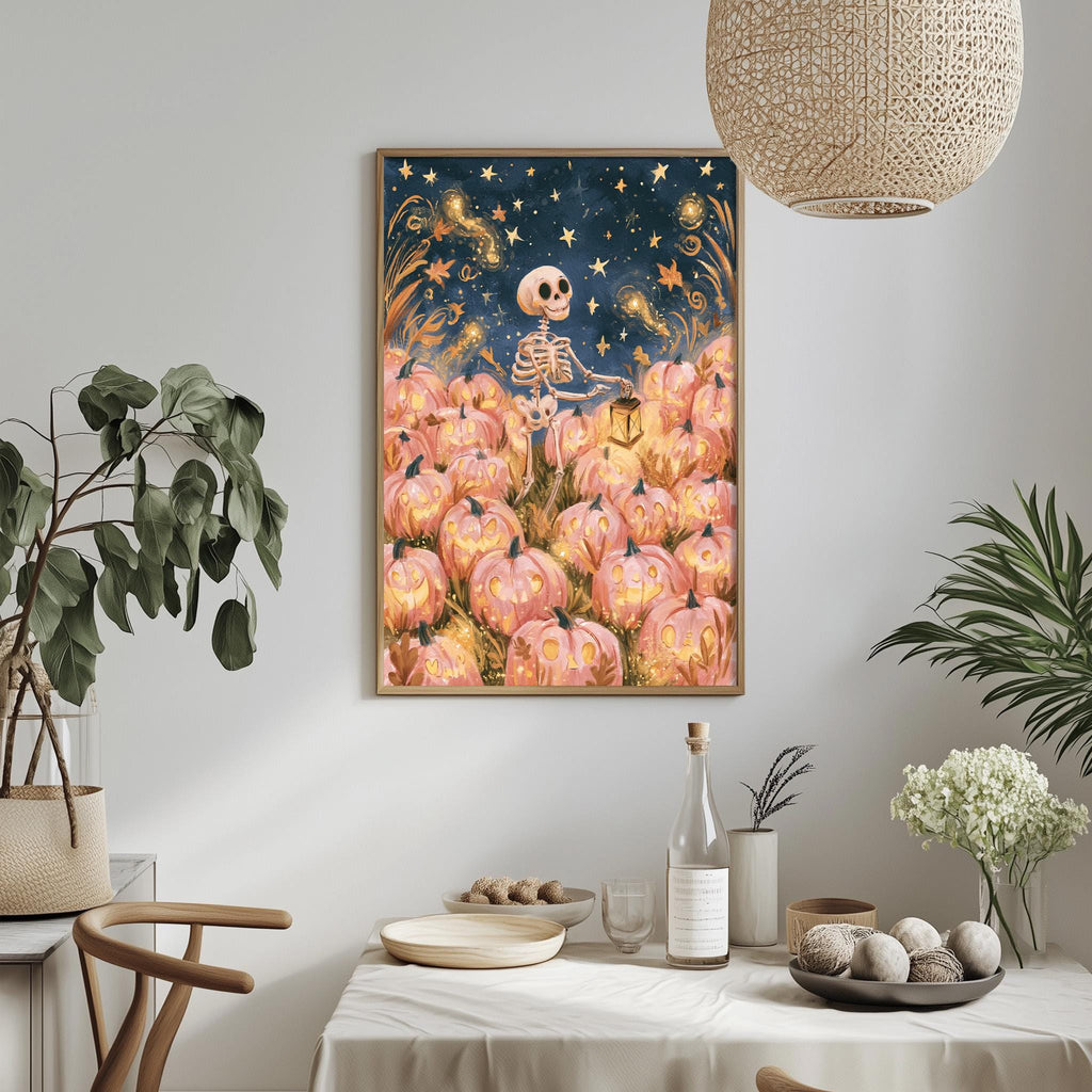 a wall art piece depicting a skeleton holding a lantern, surrounded by a field of pumpkins against a starry night sky. The scene is set in a dining area with a table, chairs, and various decorative elements such as potted plants and vases.