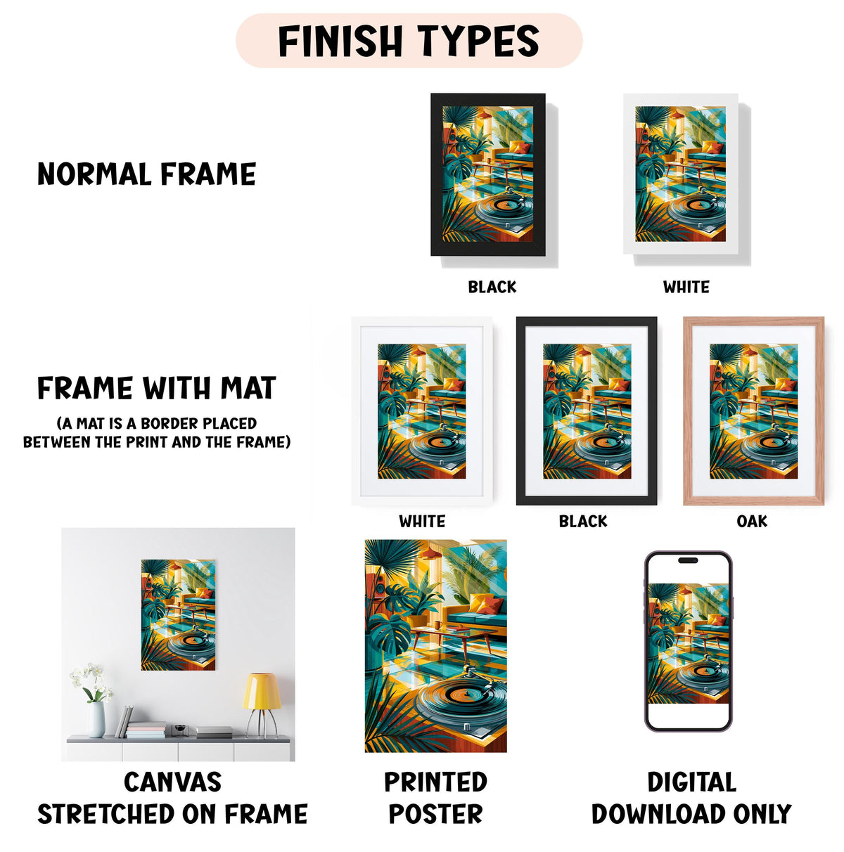 various types of artwork, including a framed print, a canvas stretched on a frame, a framed poster, and a digital poster. The artwork is presented in different frame colors and styles, such as a normal frame, a black frame, a white frame, and an oak frame. The artwork is described as a "FINISH TYPES" collage, which suggests that it is a collection of different artworks showcasing various frame styles and finishes.