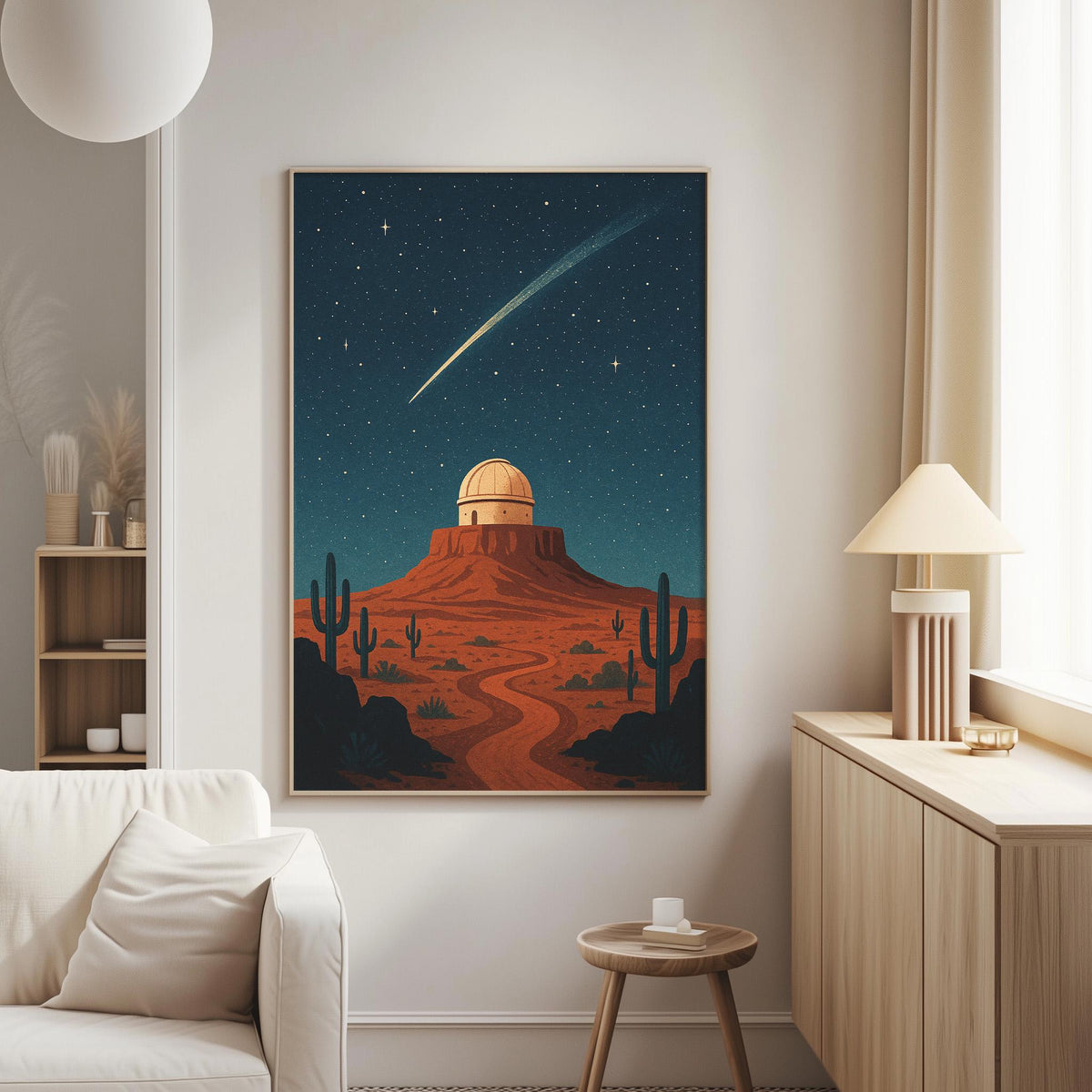 a large framed poster of a desert landscape with a cactus and a dome-shaped structure in the background, set against a starry night sky.