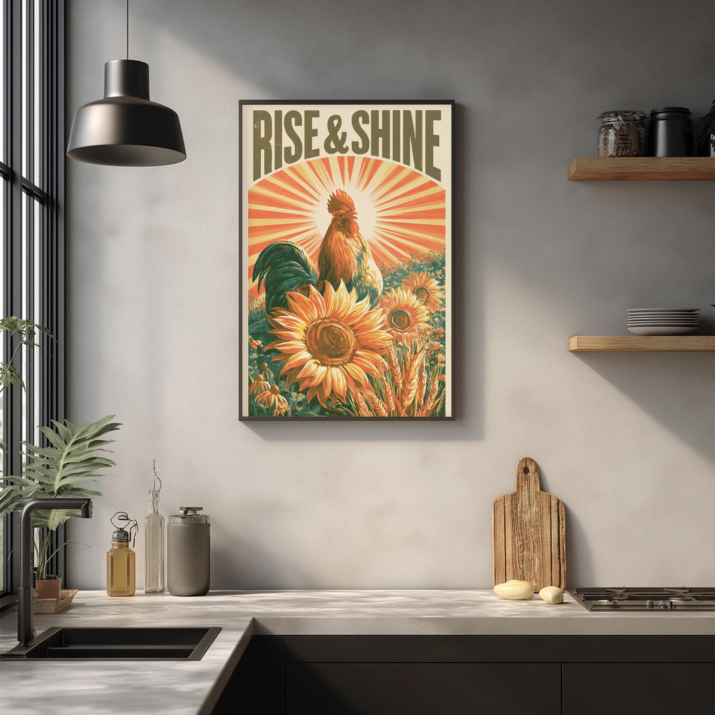 a kitchen counter with a framed poster of a rooster surrounded by sunflowers, a wooden cutting board, and various kitchen items such as a bottle and a can.