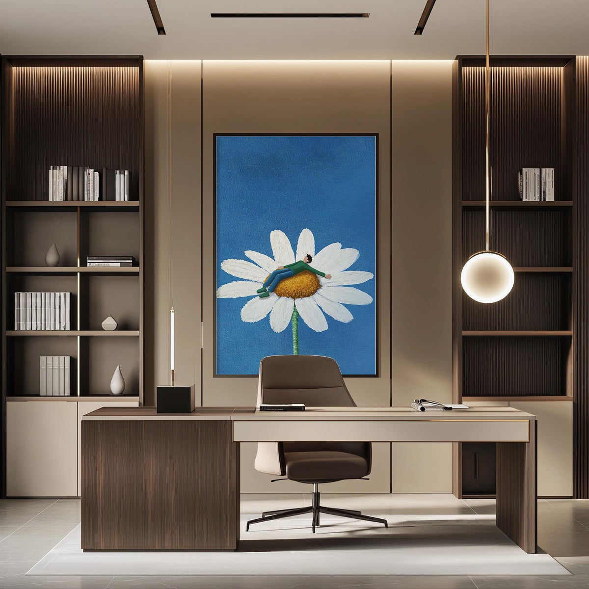 a modern and well-lit office space with a large blue painting of a white flower on the wall, a wooden desk with a chair, and built-in bookshelves.