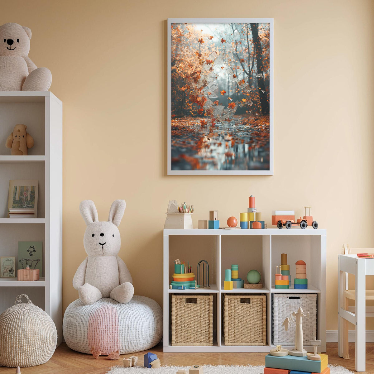 A cozy children's room with a white bookshelf, a plush rabbit, and a colorful toy box filled with toys. A framed picture of a forest scene hangs on the wall, and the room has a warm, inviting atmosphere.