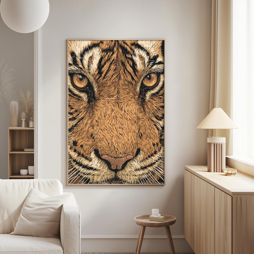 a large framed picture of a tiger's face hanging on a wall in a living room.
