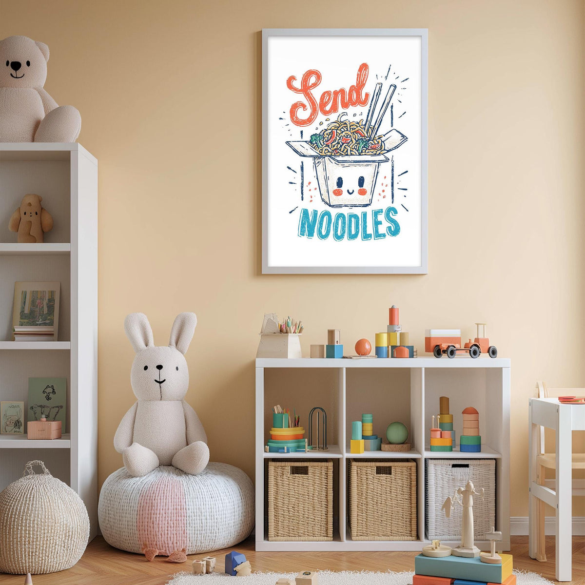 A child's bedroom with a white bookshelf, a stuffed rabbit, and a framed poster with a noodle design. The poster has the text "Send Noodles" written on it.