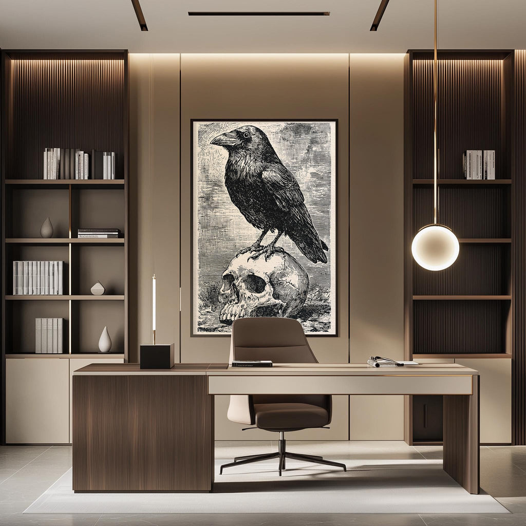 a modern office space with a large framed illustration of a crow perched on a skull on the wall. The office has a wooden desk, a chair, and a bookshelf filled with books. The overall design and decor create a sophisticated and professional atmosphere.