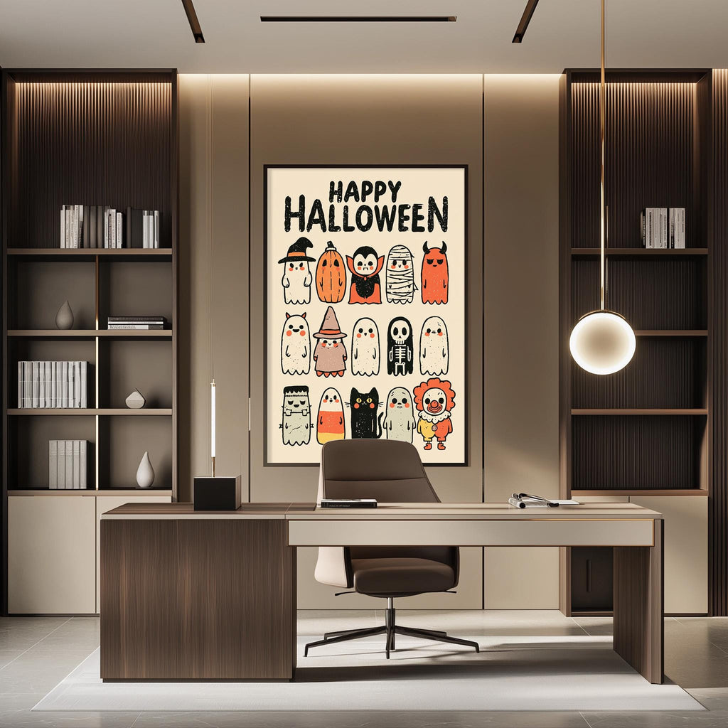 a modern office space with a large poster of Halloween-themed cartoon characters on the wall. The poster includes various spooky and festive figures such as bats, skulls, and ghosts. The office has a wooden desk and chair, and there are bookshelves on either side of the wall. A pendant light hangs above the desk, providing illumination for the workspace.