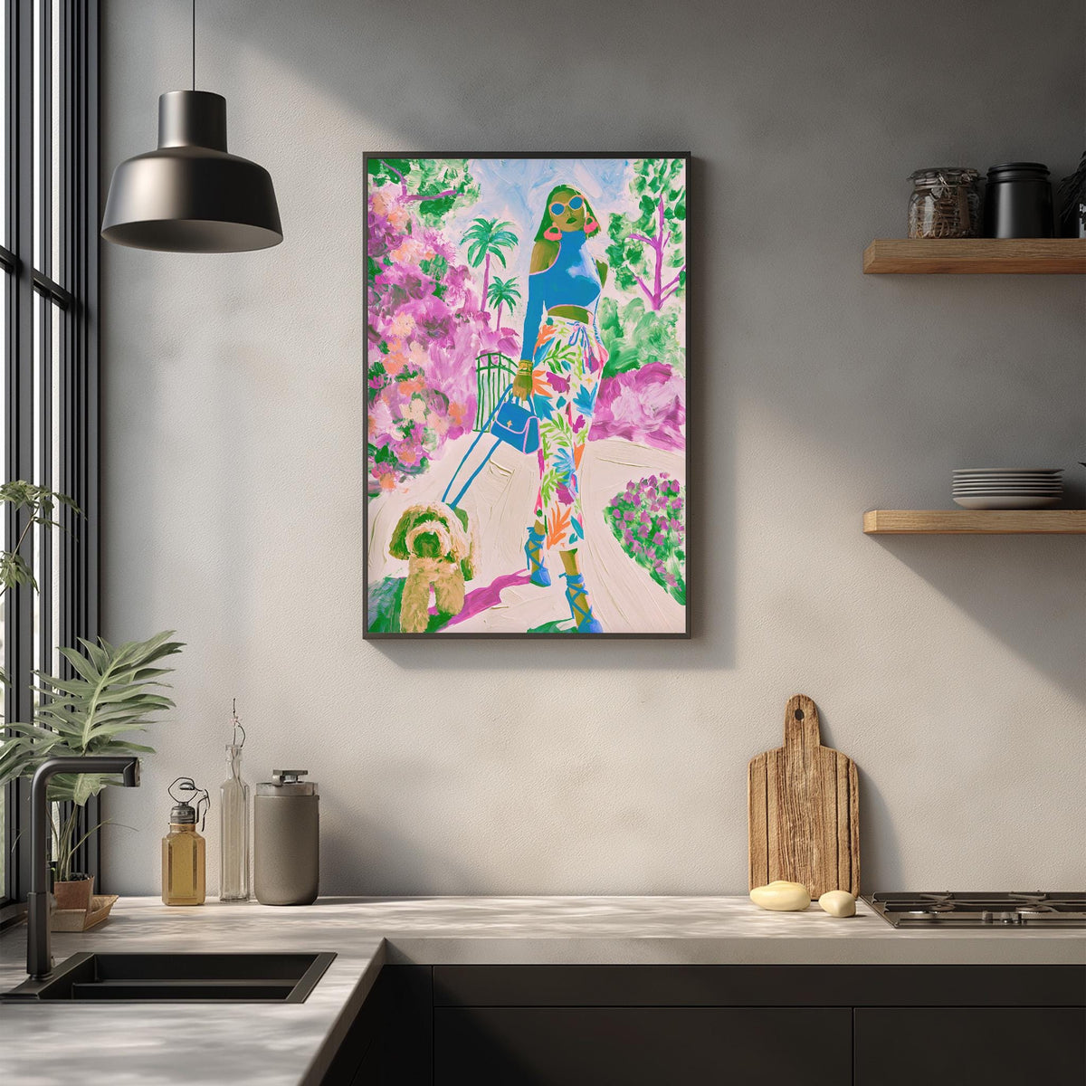 a vibrant, colorful painting of a woman in a tropical setting, hanging on a wall above a kitchen counter.