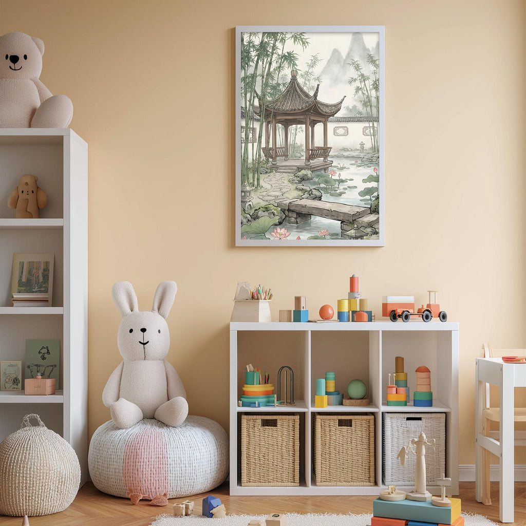 A cozy children's room with a teddy bear, a bookshelf, and a toy chest filled with toys. The room has a warm, inviting atmosphere with a framed picture of a traditional Chinese pavilion hanging on the wall.