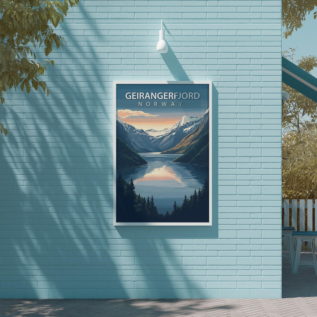 A framed poster of a scenic mountain landscape with a lake, hanging on a light blue brick wall.