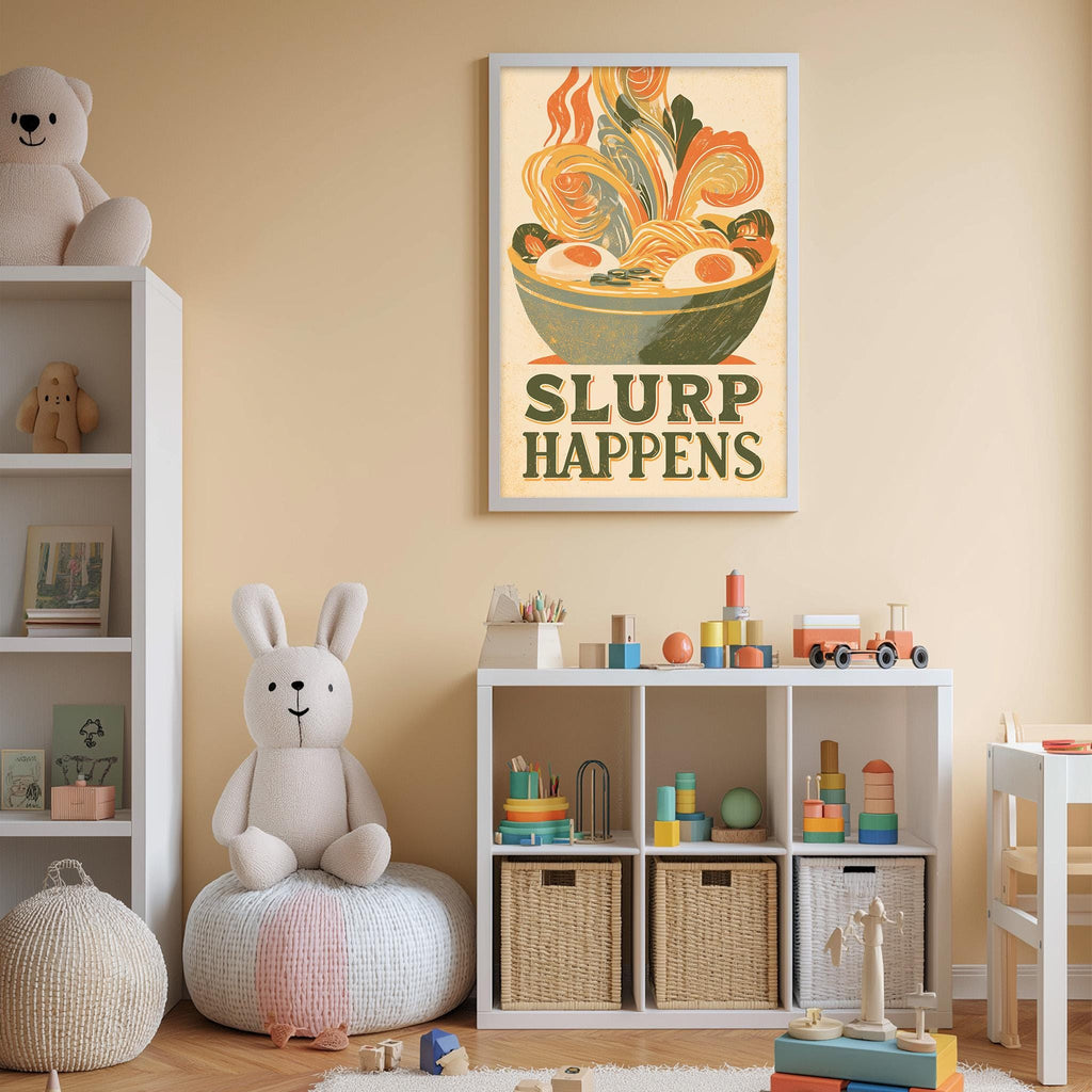 A child's bedroom with a white bookshelf, a stuffed rabbit, and a colorful poster on the wall. The poster features a bowl of noodles with the text "SLURP HAPPENS".