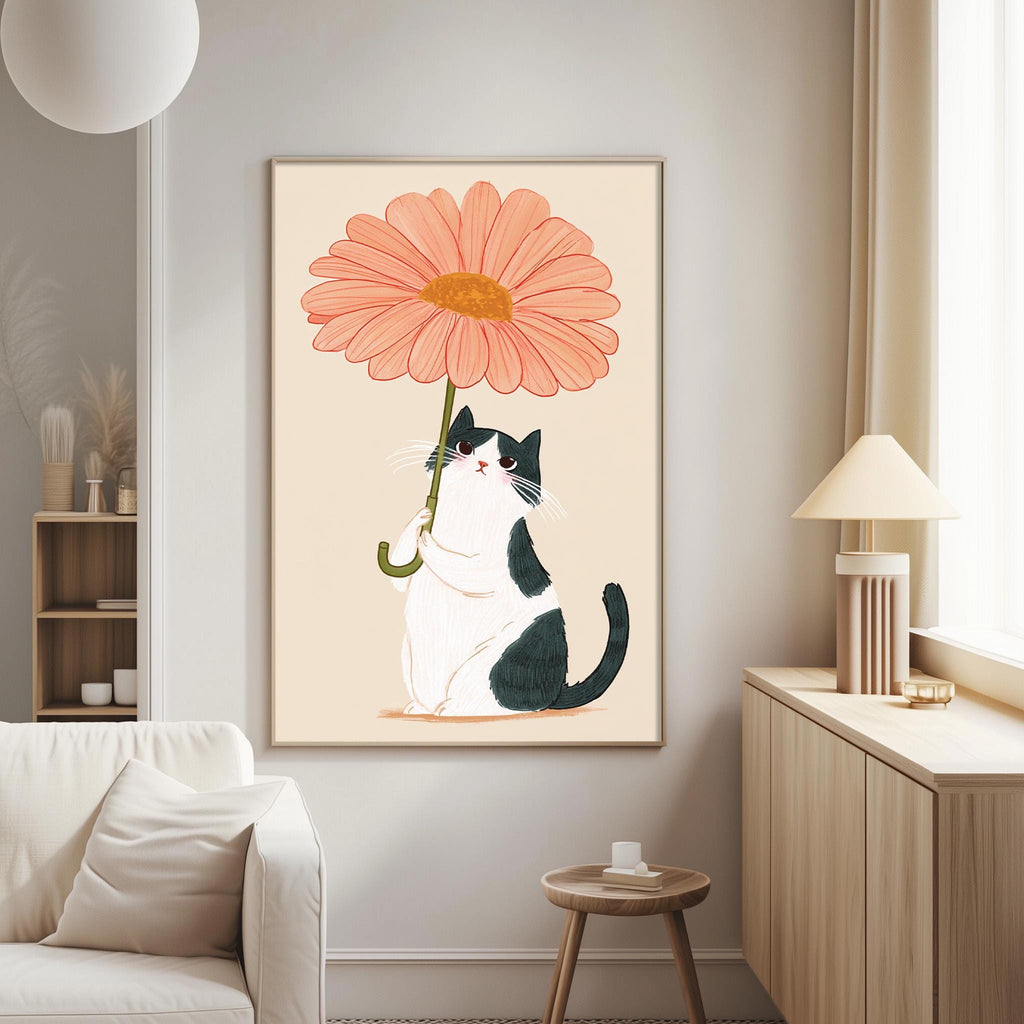 a living room with a large framed illustration of a cat sitting under a large pink flower.