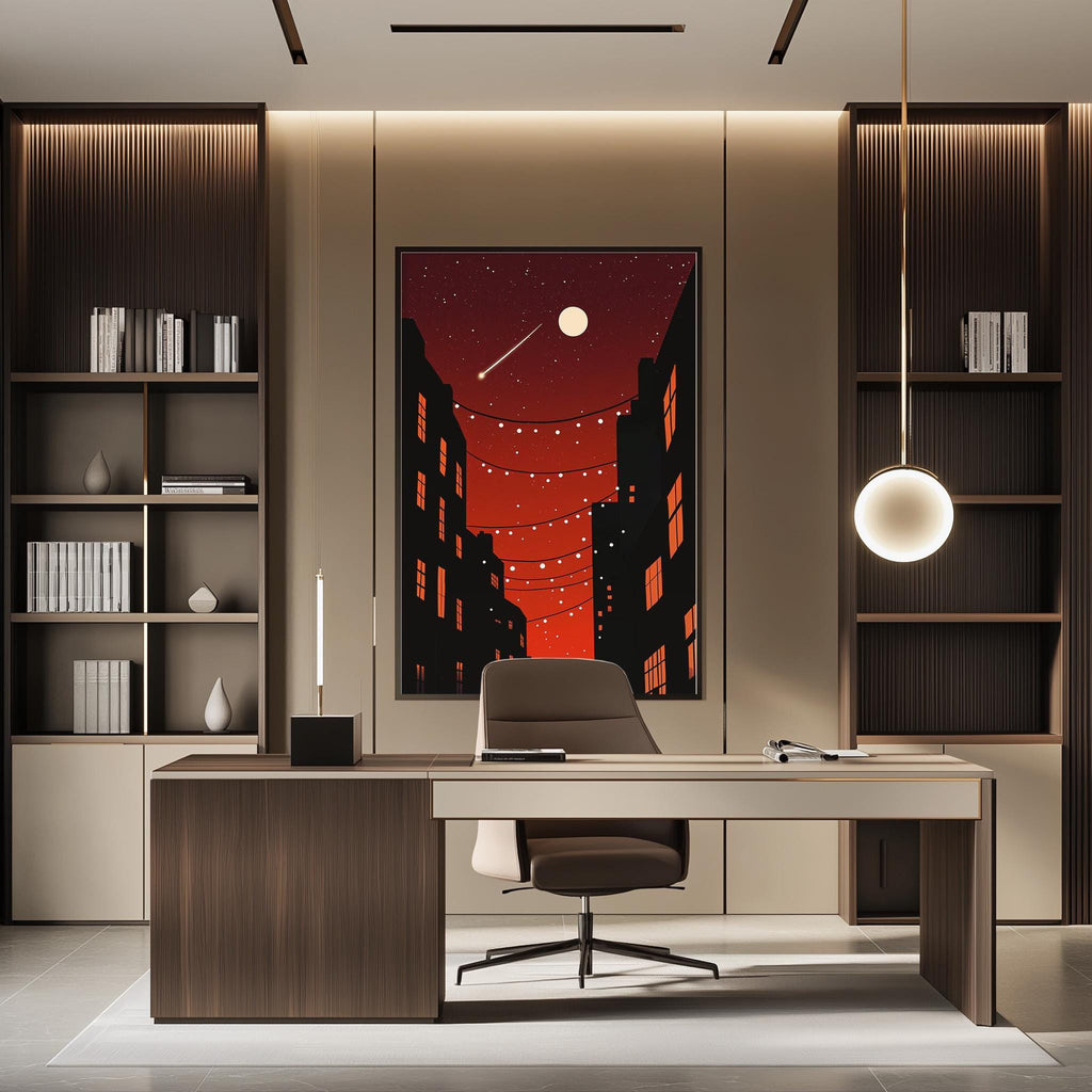 a modern and stylish home office with a large framed artwork of a city skyline at night on the wall, featuring a full moon and a string of lights. The office has a wooden desk, a comfortable-looking chair, and a pendant light hanging above the desk, creating a warm and inviting atmosphere.