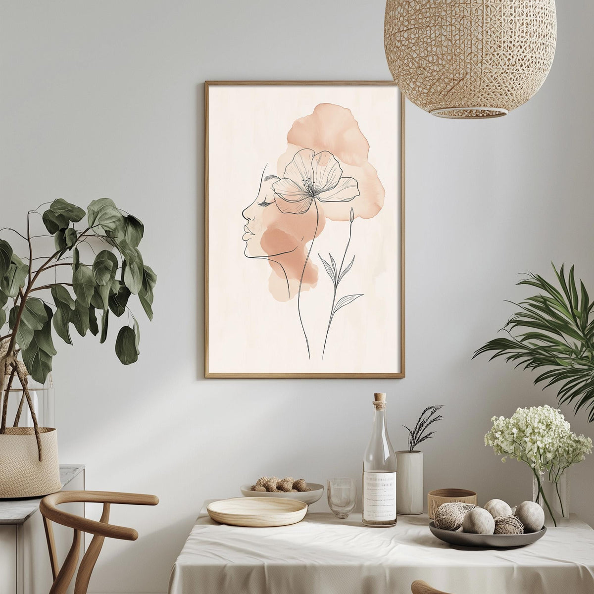 a dining table with a bowl of fruit, a bottle, and a vase of flowers, along with a framed drawing of a woman's face with a flower on the wall.