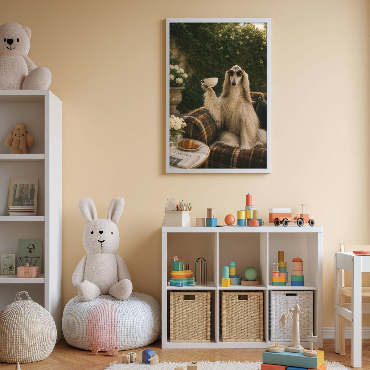a cozy and well-organized children's room with a variety of toys and storage solutions. A large stuffed rabbit sits on a white bean bag chair, while a framed picture of a dog holding a cup is displayed on the wall. The room also features a bookshelf, storage bins, and a toy train set, creating a warm and inviting atmosphere for play and learning.