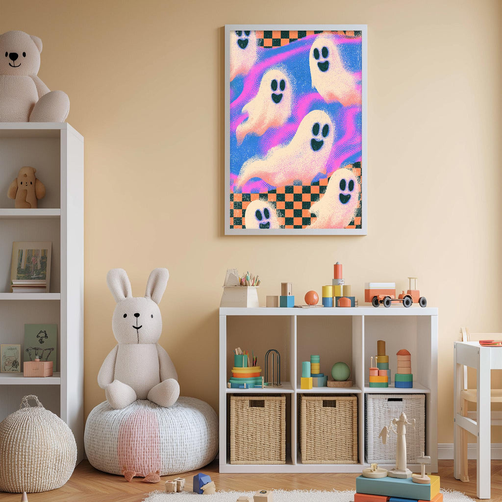 A child's bedroom with a white bookshelf, a stuffed rabbit, and a colorful poster featuring ghostly figures on the wall.