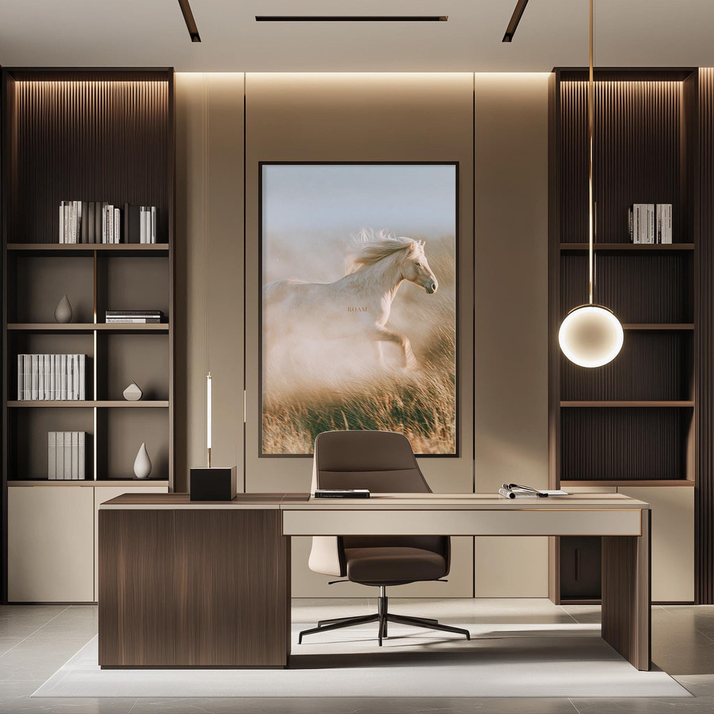 a modern and stylish office space with a large framed picture of a horse running in the background, a wooden desk, and a comfortable-looking chair.