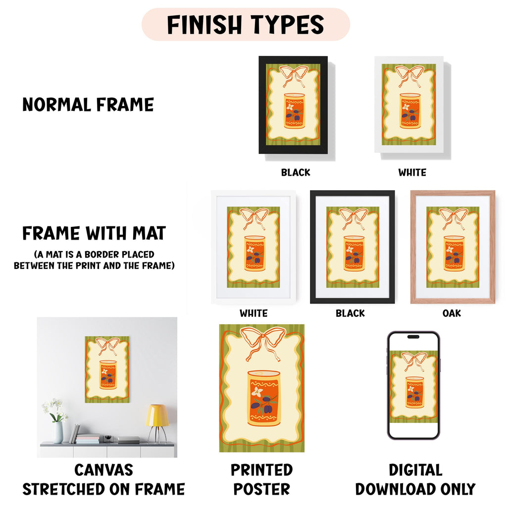 various finish types for framed artwork, including a normal frame, a frame with a mat, a white frame, a black frame, an oak frame, a white canvas stretched on a frame, a printed poster, and a digital download only.