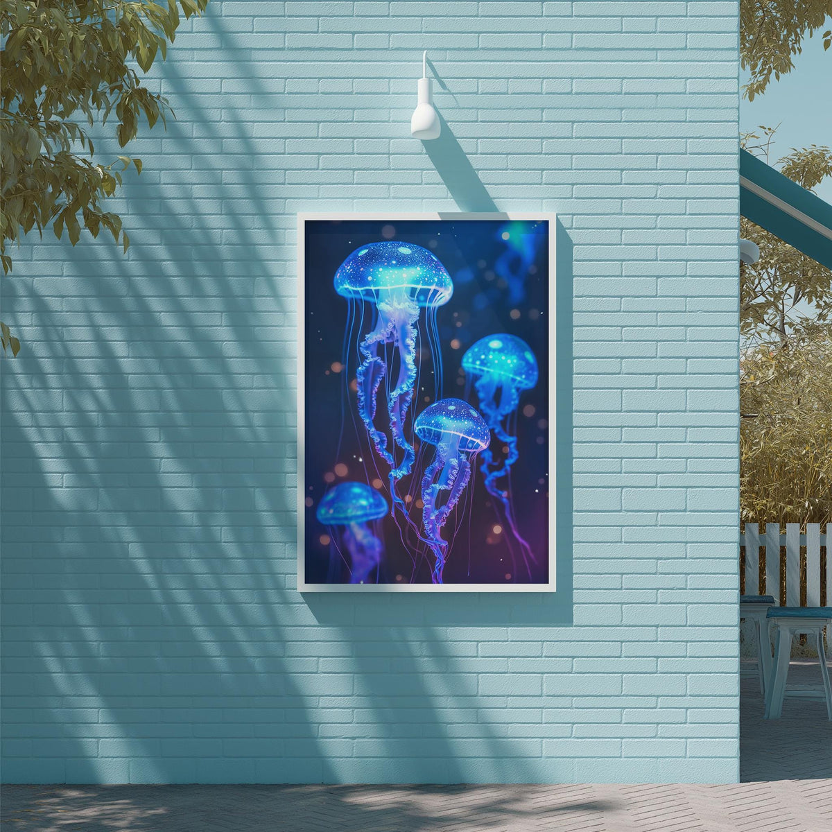 a blue brick wall with a framed poster of jellyfish hanging on it.