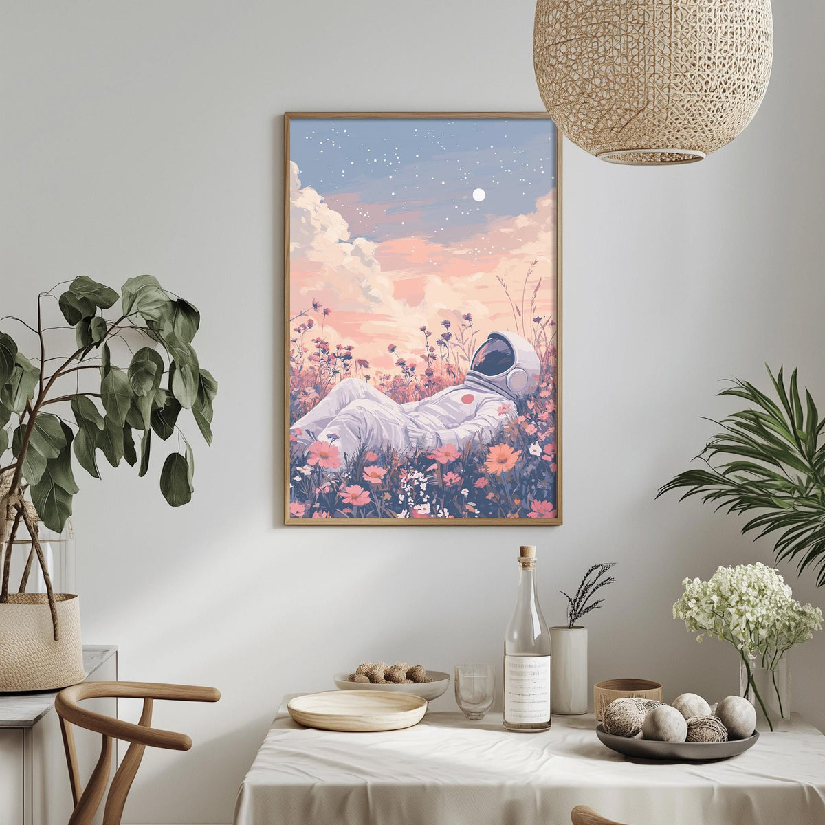 a framed painting of an astronaut lying in a field of flowers, with a night sky in the background. The painting is hanging on a wall above a dining table with various items on it, including a bottle, a bowl, and a vase.
