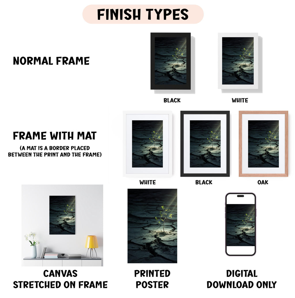 various types of artwork, including a canvas stretched on a frame, a framed poster, and a digital poster. The artwork is presented in different frame colors and styles, such as a normal frame, a black frame, a white frame, and an oak frame. The artwork is described as a canvas stretched on a frame, a framed poster, and a digital poster, and it is presented in different frame colors and styles, such as a white frame, a black frame, and an oak frame.
