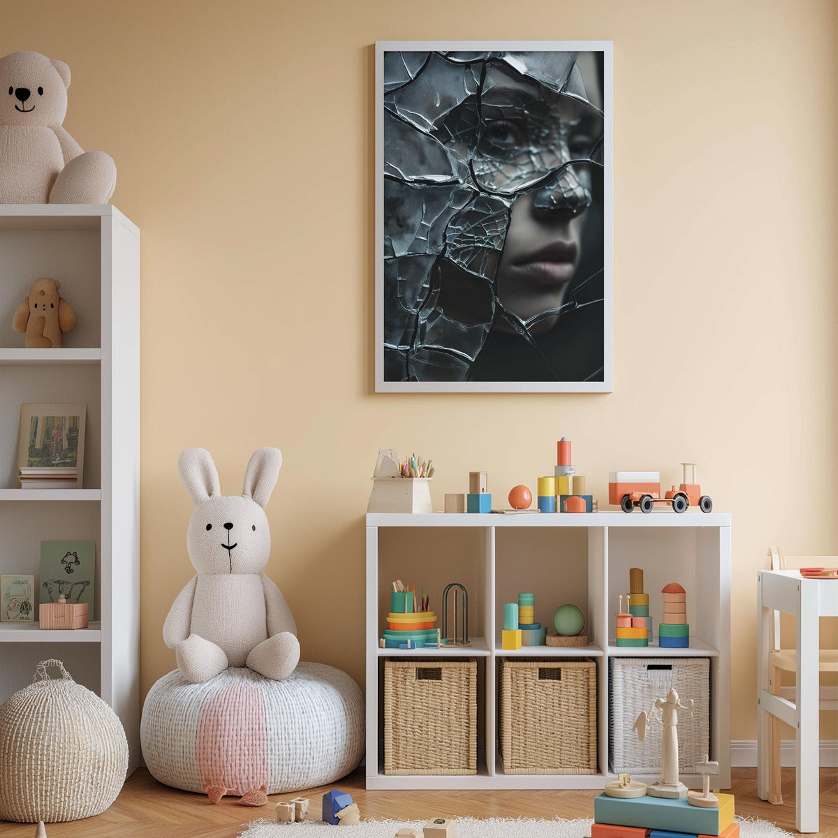 a child's bedroom with a white bookshelf, a stuffed rabbit, a toy train, and a framed artwork on the wall.