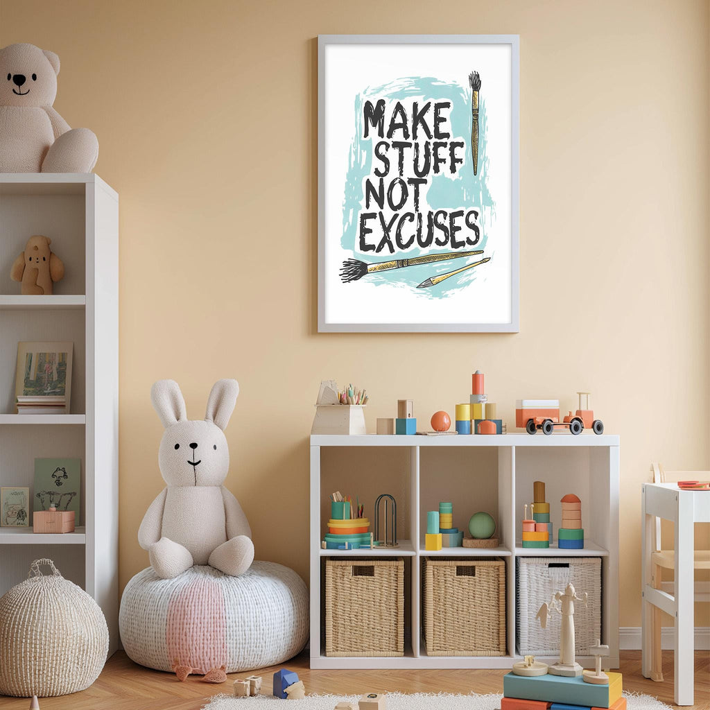 A child's bedroom with a white bookshelf, a stuffed rabbit, and a toy train. Above the bookshelf is a framed poster with the text "MAKE STUFF NOT EXCUSES".