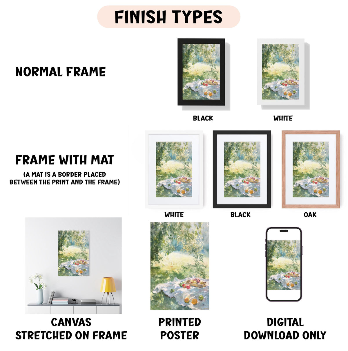 various finish types for artwork, including a normal frame, a frame with a mat, a white frame, a black frame, an oak frame, a white canvas stretched on a frame, a printed poster, and a digital download only.