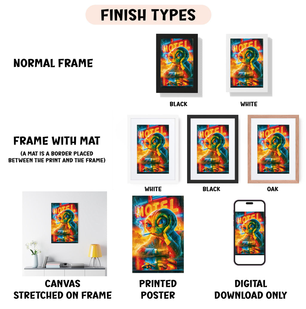 various types of artwork, including a poster, a canvas, and a framed print, each with different finishes and frame styles.