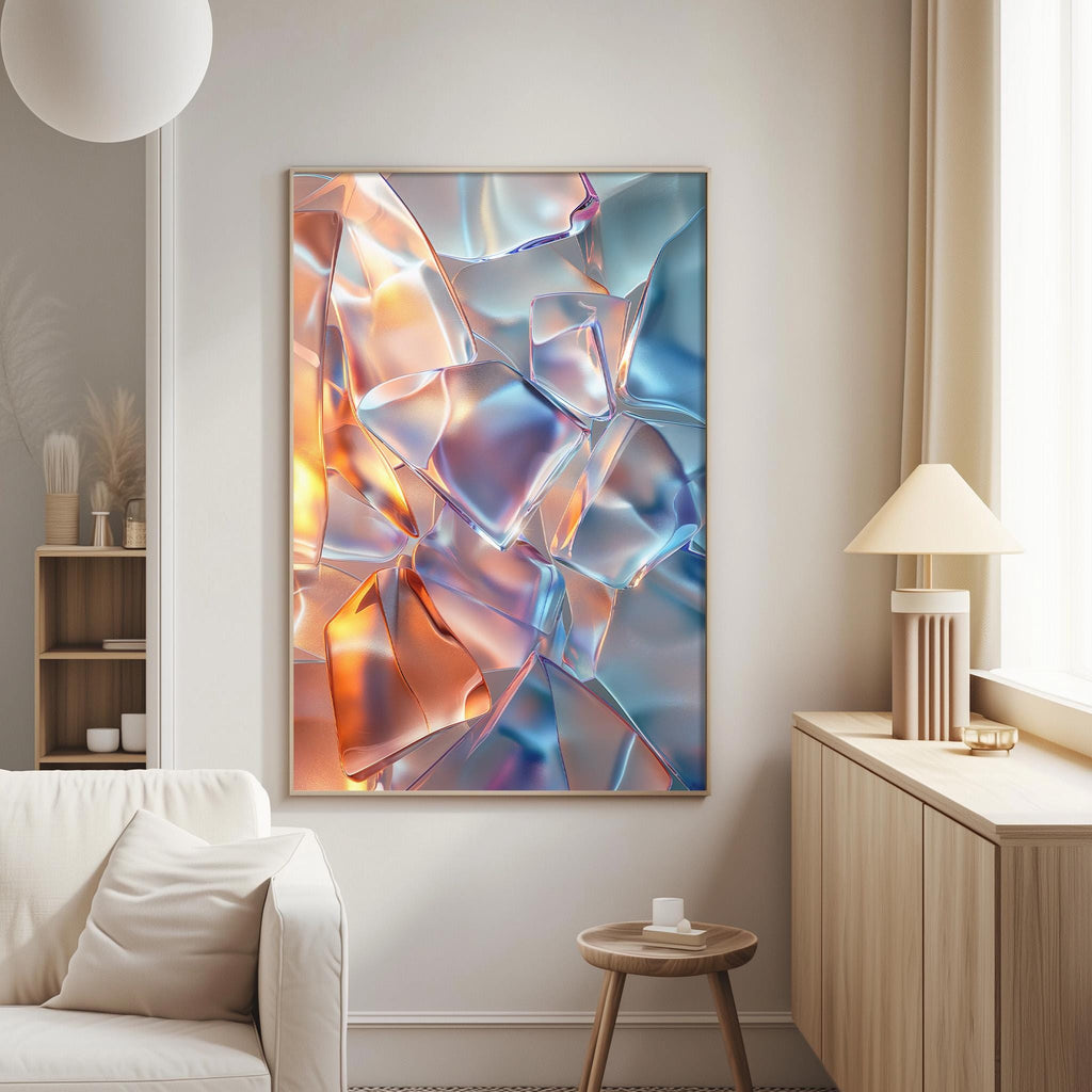 a modern living room with a large abstract painting hanging on the wall. The painting has a vibrant and colorful design, with a mix of orange, blue, and purple hues. The room is furnished with a white sofa, a wooden side table, and a lamp on a wooden cabinet. The overall aesthetic of the room is contemporary and minimalist, with a focus on clean lines and neutral colors.
