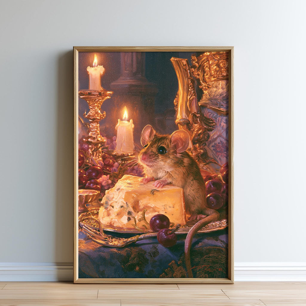 A painting of a mouse sitting on a plate of cheese, surrounded by grapes and candles, creating a cozy and intimate atmosphere.