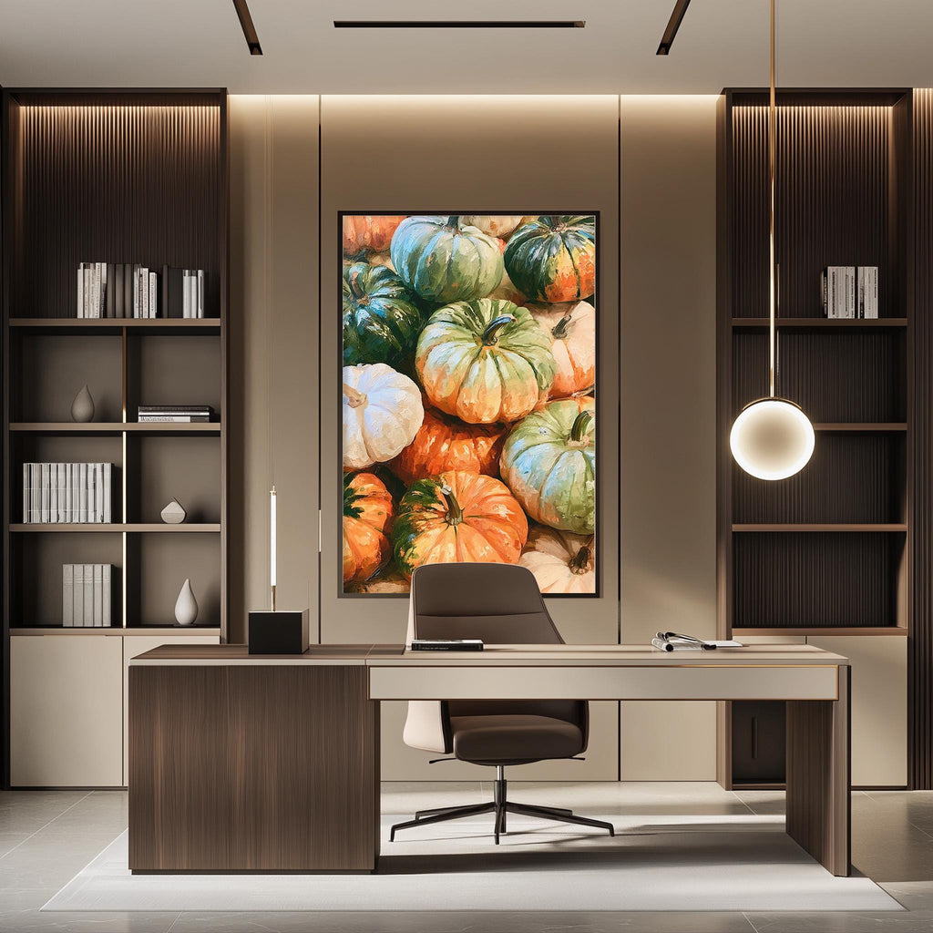 a modern office space with a large framed print of pumpkins hanging on the wall. The office has a wooden desk, a chair, and a bookshelf. The overall design and decor create a warm and inviting atmosphere.