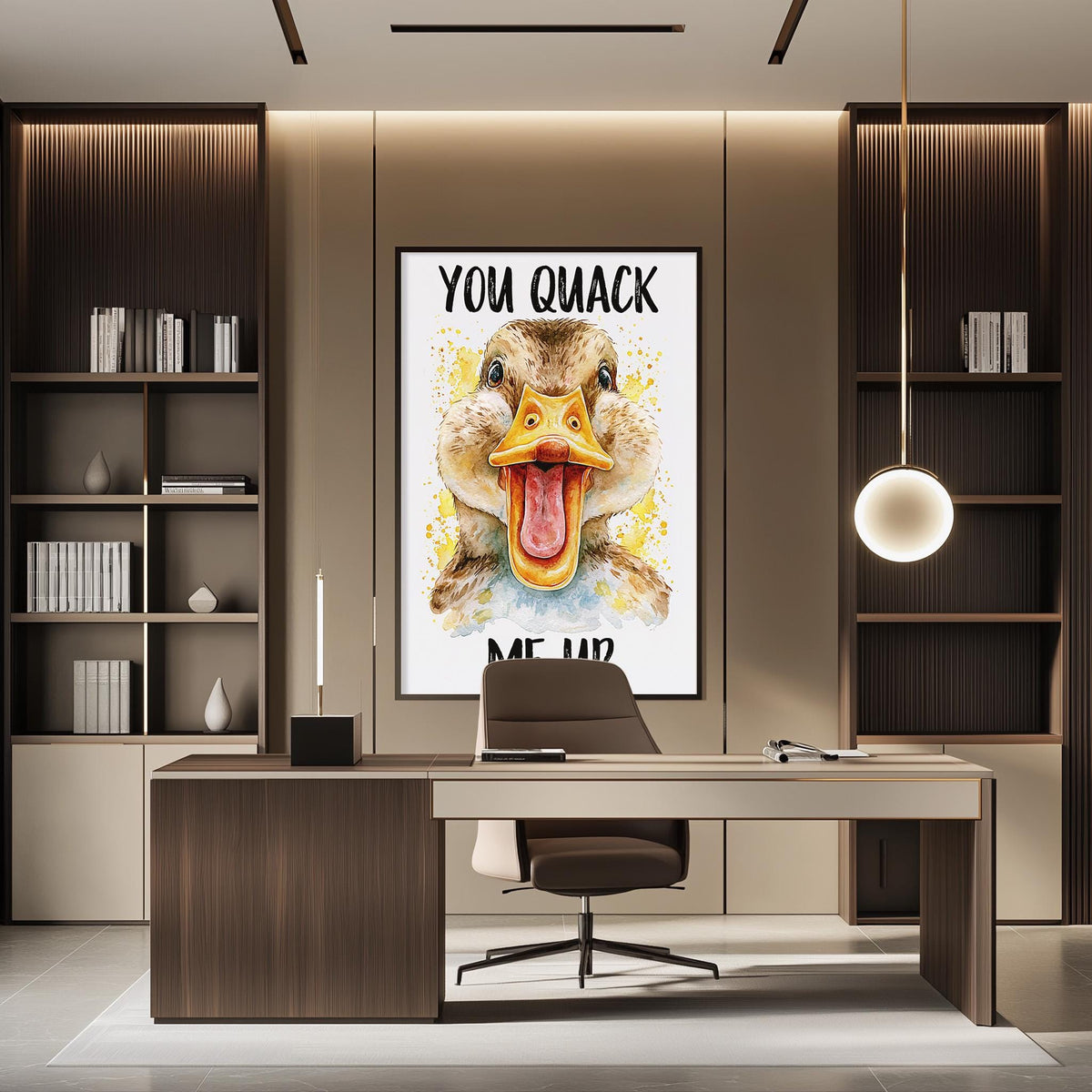 a modern office space with a large framed poster of a duck on the wall, a desk with a chair, and a bookshelf.