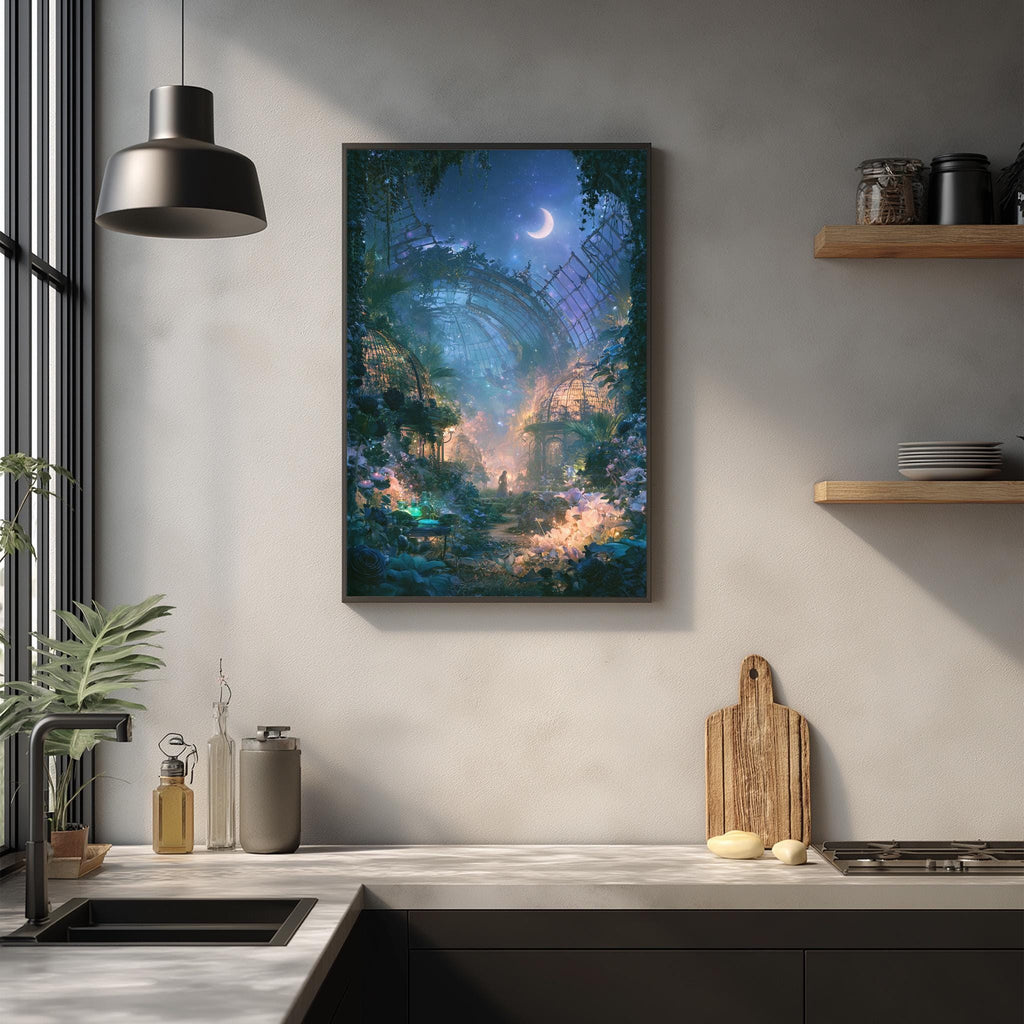 a kitchen counter with a framed painting of a fantastical landscape hanging above it. The painting depicts a castle-like structure surrounded by a lush, colorful garden under a crescent moon. The kitchen counter has various items on it, including a cutting board, a bottle, and a vase.