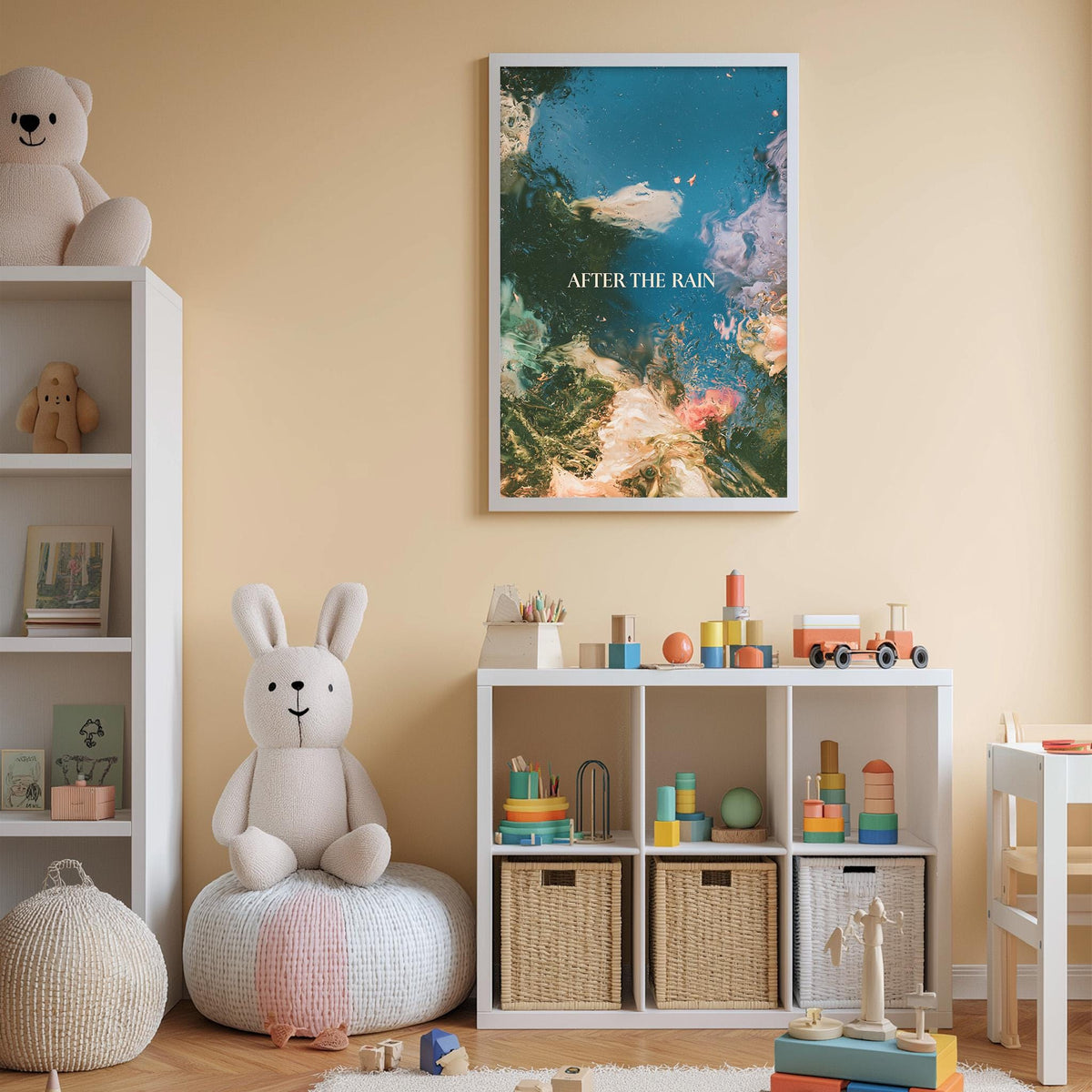 a cozy and colorful children's bedroom with a large stuffed rabbit, a bookshelf filled with toys, and a framed poster on the wall.