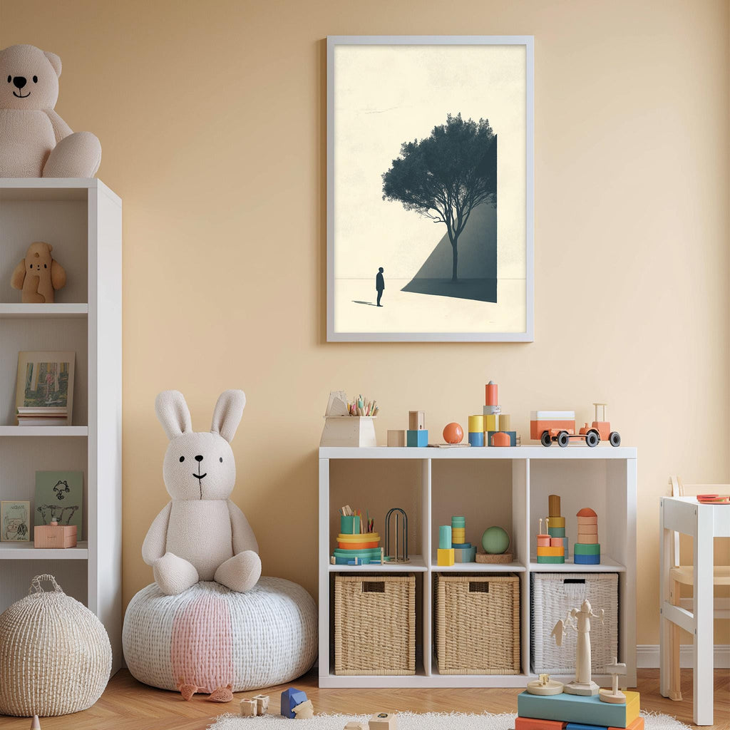 a cozy and well-organized children's playroom, featuring a variety of toys and storage solutions. A large stuffed rabbit sits on a white bean bag chair, while a shelf holds an assortment of colorful toys and books. A white bookshelf stands against the wall, and a white storage unit is situated in the room. A framed picture of a tree adds a touch of nature to the space, creating a warm and inviting atmosphere for children to play and explore.